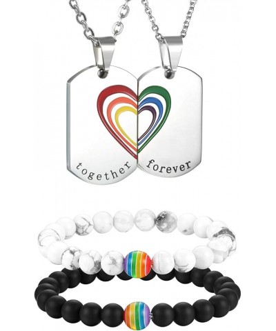 4pcs Gay Pride Lesbian LGBTQ Couples Rainbow Jewelry Set,White Turquoise & Carnelian Bead Bracelet, Stainless Steel Rainbow N...