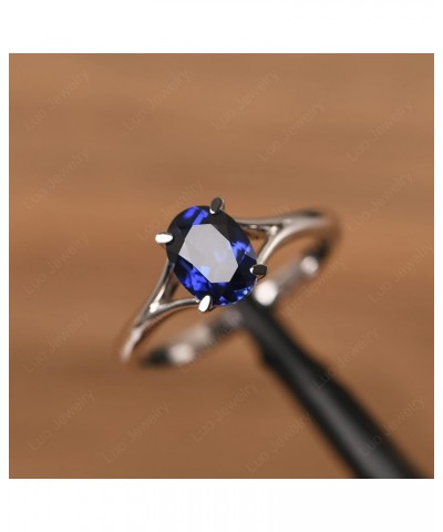 S925 Sterling Silver Gemstone Ring Split Shank Oval Shaped 8x6 mm Solitaire Engagement Promise Ring for Women Created Blue Sa...