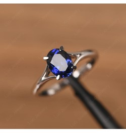 S925 Sterling Silver Gemstone Ring Split Shank Oval Shaped 8x6 mm Solitaire Engagement Promise Ring for Women Created Blue Sa...