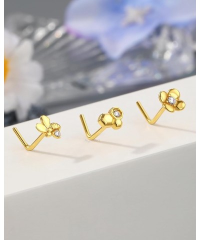 Minimalist Flower 3Pcs Nose Rings Studs 20G L Shaple Nose Studs Cute Bee 7MM Barbell Nose Piercing Jewelry Stainless Steel Go...