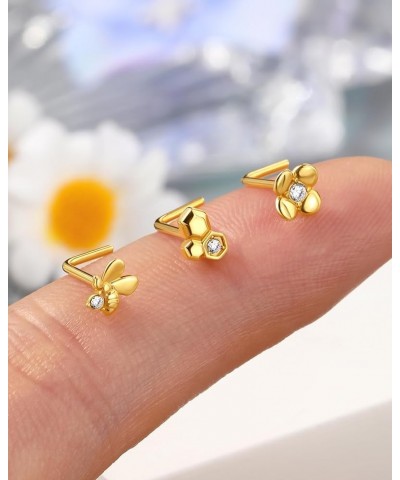 Minimalist Flower 3Pcs Nose Rings Studs 20G L Shaple Nose Studs Cute Bee 7MM Barbell Nose Piercing Jewelry Stainless Steel Go...