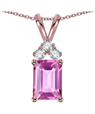 Solid 14K Gold Classic Emerald Octagon Cut 8x6mm Rabbit Ear Pendant Necklace Created Pink Sapphire Rose Gold $148.74 Necklaces