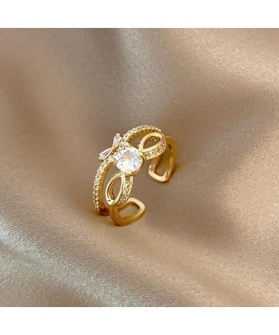 18K Gold Plated Cubic Zirconia Ring Personalized Women's Stackable Fashion Trendy Size 6-10 1 Piece Double Adjustable Bow Rin...