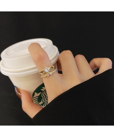 18K Gold Plated Cubic Zirconia Ring Personalized Women's Stackable Fashion Trendy Size 6-10 1 Piece Double Adjustable Bow Rin...