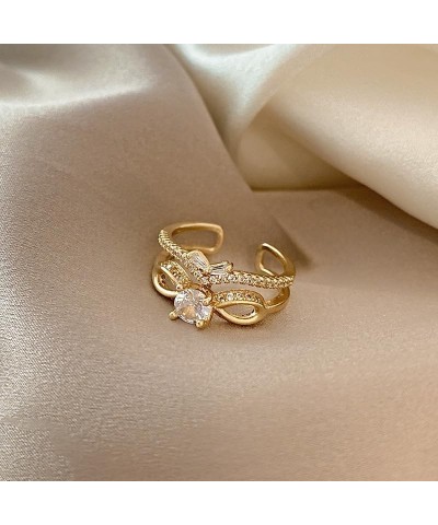 18K Gold Plated Cubic Zirconia Ring Personalized Women's Stackable Fashion Trendy Size 6-10 1 Piece Double Adjustable Bow Rin...