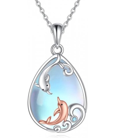 Dolphin Necklace for Women Girls Sterling Silver Moonstone Dolphin Pendant Necklace Dolphin Ocean Jewelry Gifts for Mother an...