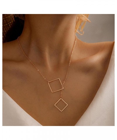 Boho Square Y Necklace Choker Chain Gold Square Lariat Necklace Minimalist Hollow Square Pendant Necklace Statement Square Co...