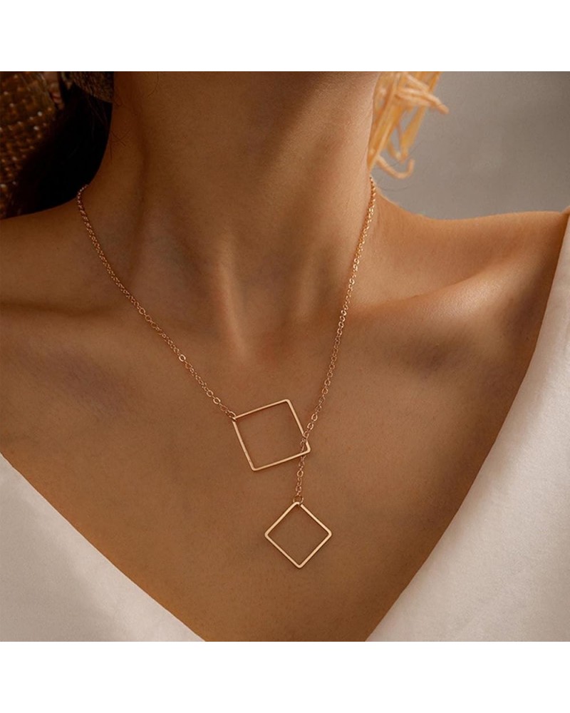 Boho Square Y Necklace Choker Chain Gold Square Lariat Necklace Minimalist Hollow Square Pendant Necklace Statement Square Co...