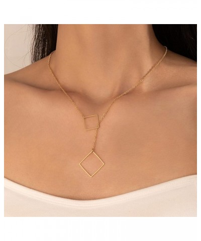 Boho Square Y Necklace Choker Chain Gold Square Lariat Necklace Minimalist Hollow Square Pendant Necklace Statement Square Co...