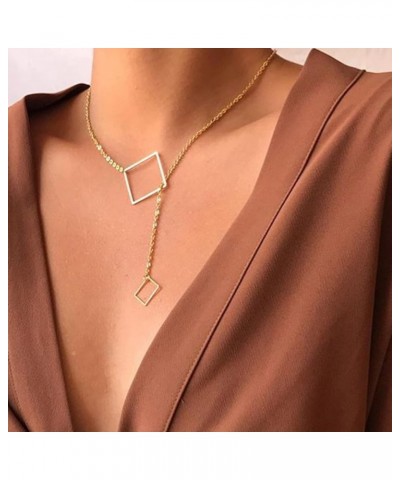 Boho Square Y Necklace Choker Chain Gold Square Lariat Necklace Minimalist Hollow Square Pendant Necklace Statement Square Co...