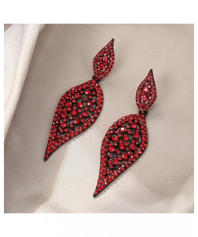 Costume Party Jewelry 2 Leaf Round Crystal Hollow-out Pierced Chandelier Dangle Earrings for Women Red Black-Tone $10.25 Earr...