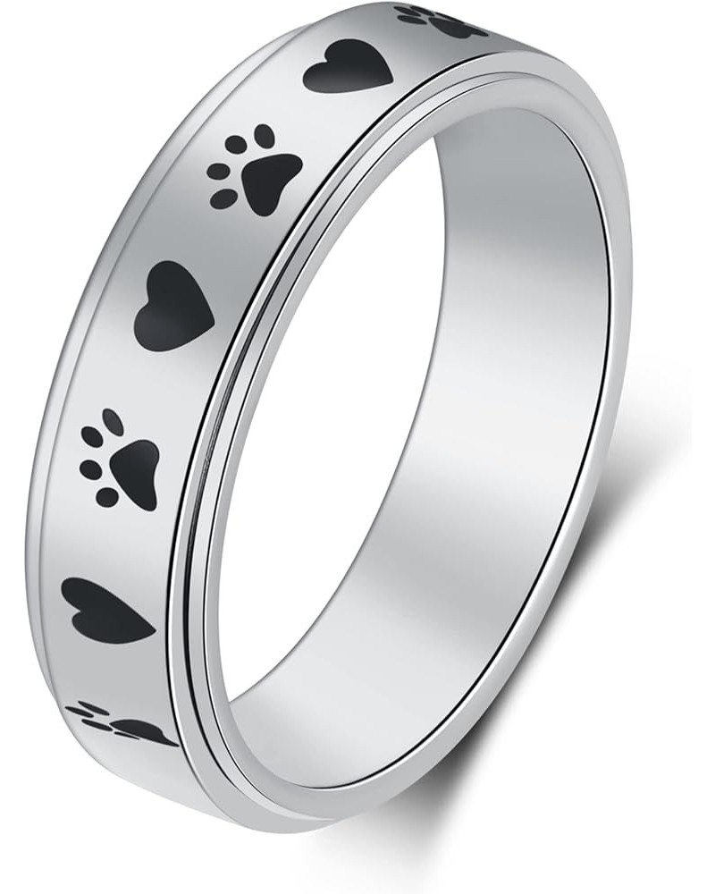 Spinner Ring for Women Anxiety Relief - 4mm width Carved moon star and Puppy Pet Lovers Paw Print Ring Stainless Steel Fidget...