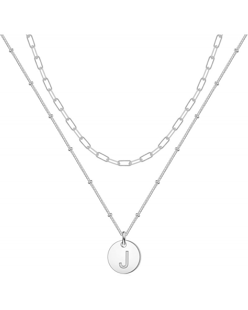 S925 Sterling Silver Layered Initial Necklaces for Women, 18K White Gold Plated Solid Sterling Silver Paperclip Chain Necklac...