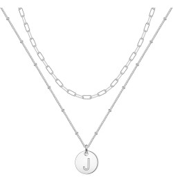 S925 Sterling Silver Layered Initial Necklaces for Women, 18K White Gold Plated Solid Sterling Silver Paperclip Chain Necklac...