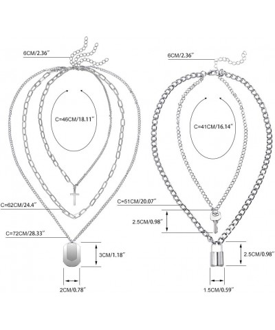 Lock Chain Necklace, Egirl Chains, Statement Lock Key Pendant Necklace Silver Set Eboy Long Multilayer Chains Punk Choker 2 S...
