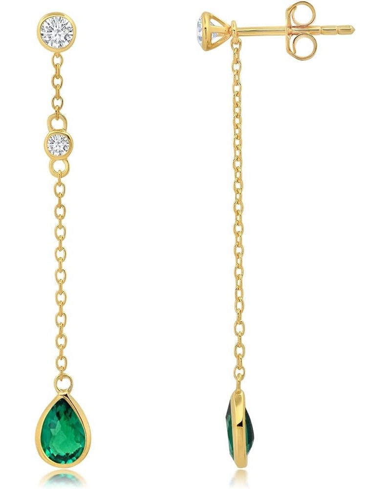 2in1 Teardrop Gemstone Stud Chain Dangle Birthstone Earrings for Women | 0.5 CT Real 14k Gold Plated 925 Sterling Silver Pear...