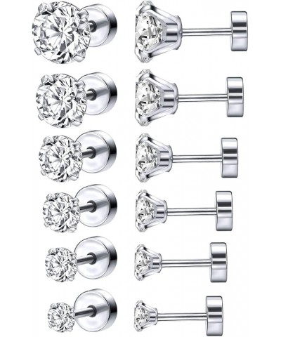 6 Pairs Shiny Round Cubic Zirconia Surgical Steel Stud Earrings Tragus Helix Conch Piercing Cartilage Sets 6 Pairs.3-8mm Cubi...