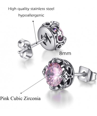 Jewelry Silver Tone Stainless Steel Vintage Stud Earrings for Men Women, Various Styles Pink CZ $9.17 Earrings