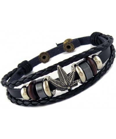 Multi Strand Biker Black Leather Bracelet with Marijuana Leaf $10.19 Bracelets