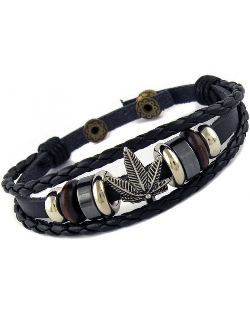 Multi Strand Biker Black Leather Bracelet with Marijuana Leaf $10.19 Bracelets