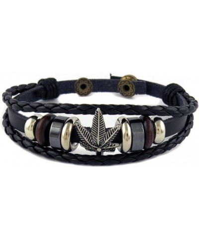 Multi Strand Biker Black Leather Bracelet with Marijuana Leaf $10.19 Bracelets