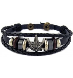 Multi Strand Biker Black Leather Bracelet with Marijuana Leaf $10.19 Bracelets