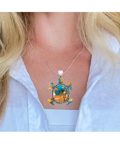 Turtle Turquoise Pendant Necklace 20" Sterling Silver 925 Genuine Gemstones (Choose Color) Spiny Turquoise $42.84 Necklaces