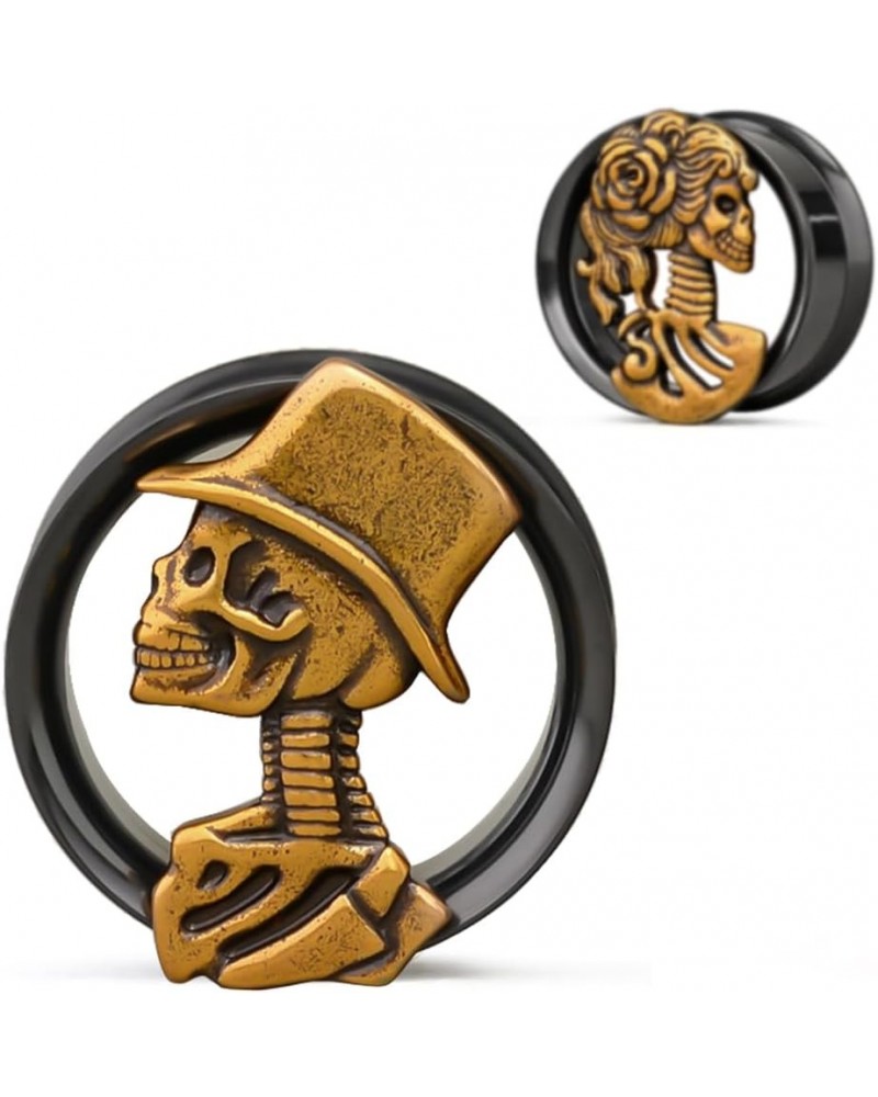 Double Flared Eyelet Ear Tunnels, Skull Man and Lady Matched Gauges for Ears, Screw Back Plugs Stretchers. S8608H 1/2"(12mm) ...