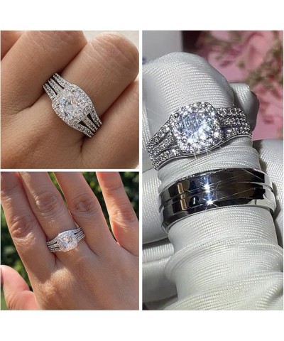 Couples Rings His Hers Women's CZ Engagement 18K White Gold Filled Bridal Ring Sets & Men's Titanium Steel Wedding Band Women...