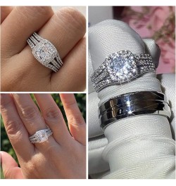 Couples Rings His Hers Women's CZ Engagement 18K White Gold Filled Bridal Ring Sets & Men's Titanium Steel Wedding Band Women...