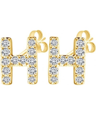 Round Cut White Cubic Zirconia Alphabet A-Z Letter Initial Stud Earrings In 14k Yellow Gold Over Sterling Silver "H" - Initia...