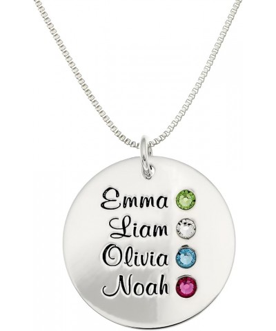 Personalized Round Four Stacked Names Sterling Silver Necklace With Birthstone Setting. Customize a Round Charm. Choice of St...