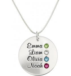 Personalized Round Four Stacked Names Sterling Silver Necklace With Birthstone Setting. Customize a Round Charm. Choice of St...