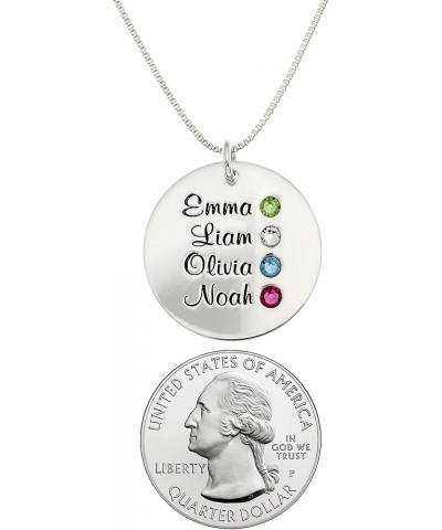 Personalized Round Four Stacked Names Sterling Silver Necklace With Birthstone Setting. Customize a Round Charm. Choice of St...