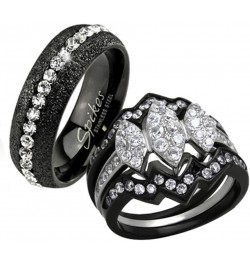 His Hers 4 Piece Black Ion Plated Stainless Steel Wedding Engagement Ring Band Set Size Women's 10 Men's 06 $16.25 Sets