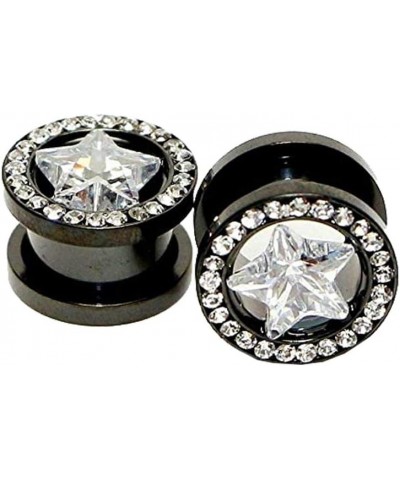 Pair of Black Screw-Fit Ear Plugs with Clear CZ Star Design 3/4-18mm $10.67 Body Jewelry