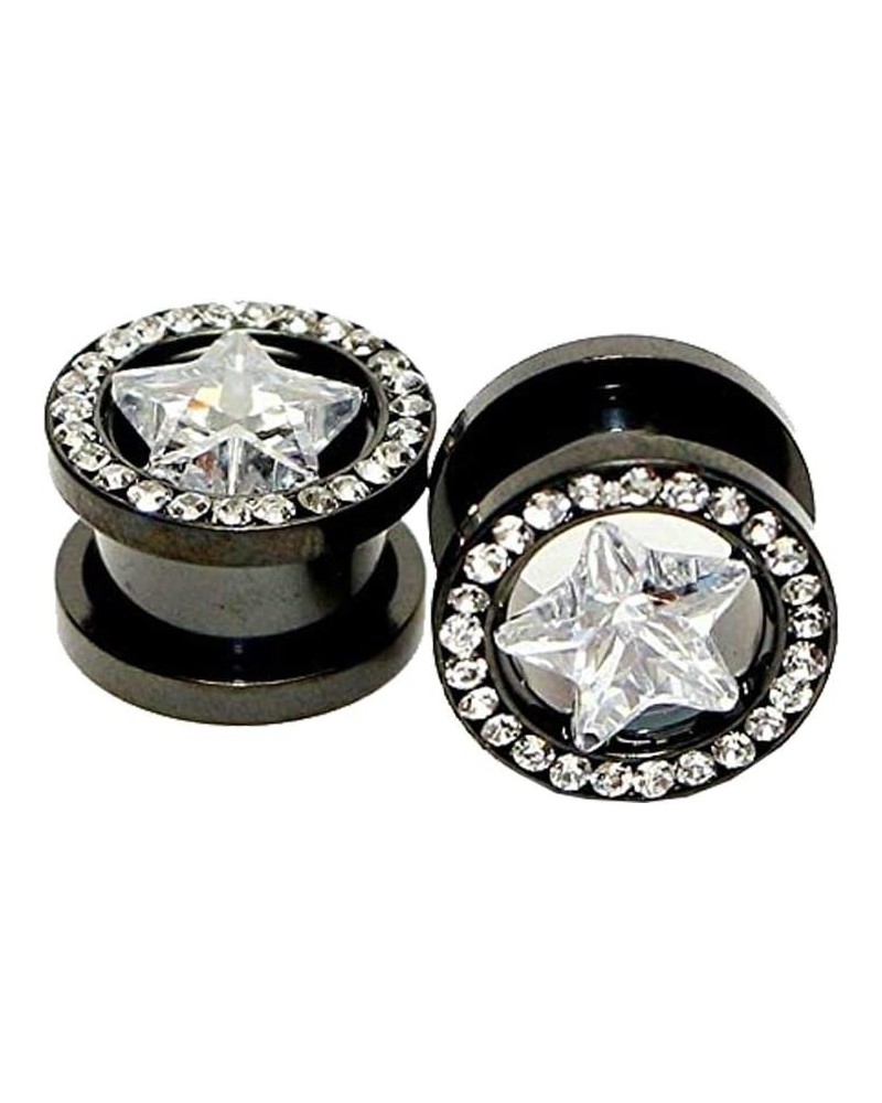 Pair of Black Screw-Fit Ear Plugs with Clear CZ Star Design 3/4-18mm $10.67 Body Jewelry