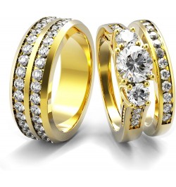 Couple Ring Bridal Set His Hers White Gold Plated CZ Stainless Steel Wedding Ring Band Set Yellow women's size 8& men's size ...