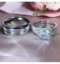 Couples Rings His Hers Women's CZ Engagement 18K White Gold Filled Bridal Ring Sets & Men's Titanium Steel Wedding Band Women...