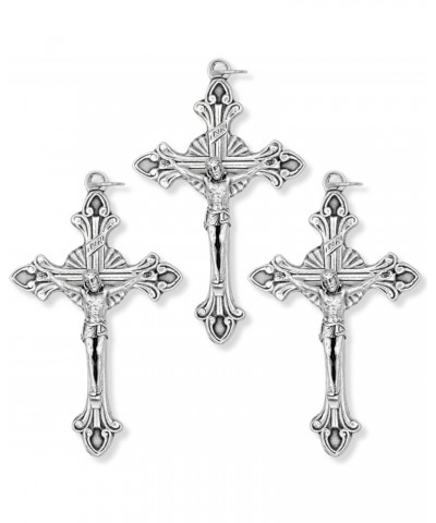 Pack of 10 - Large Flared Sunburst Fleur-De-Lis Crucifix Rosary Part - 2 1/8" Italian Silver Oxidized Finish Cross for Rosary...