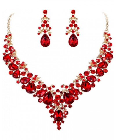 Women's Crystal Elegant Bridal Floral Cluster Teardrop Statement Necklace Earrings Set Crystal_Red Gold-Tone $12.50 Jewelry Sets