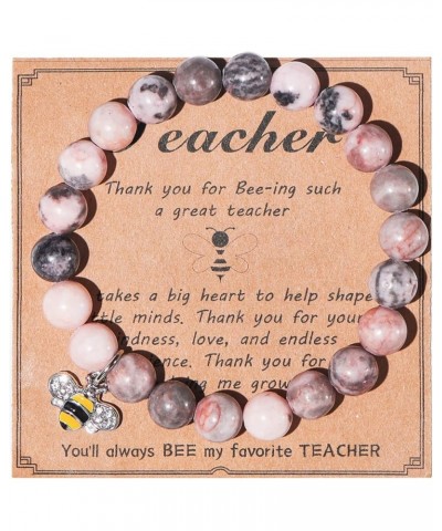 Teacher Appreciation Gifts Natural Stone Teachers Apple Stretch Bracelets for Women Bee Pink $5.60 Bracelets