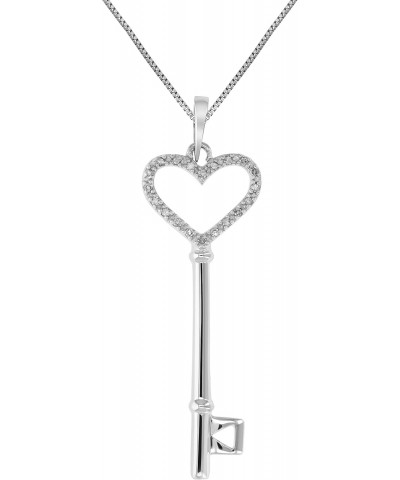 1/8 cttw Diamond Pendant, Diamond Heart and Key Pendant Necklace for Women in .925 Sterling Silver with Rhodium, 18 Inch Chai...