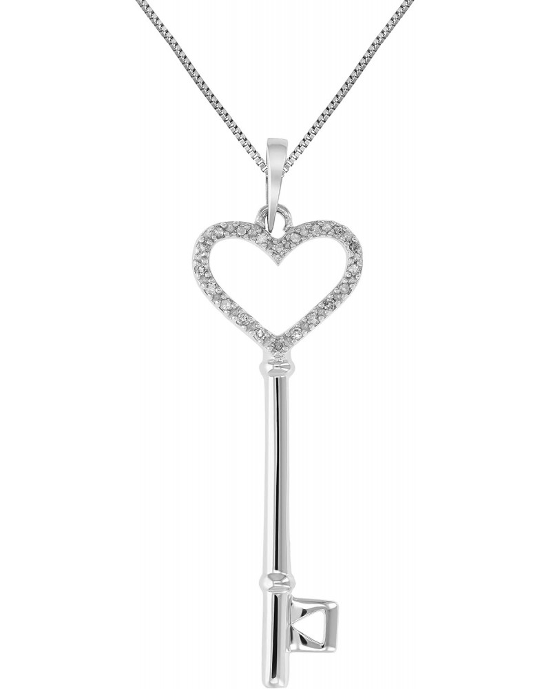 1/8 cttw Diamond Pendant, Diamond Heart and Key Pendant Necklace for Women in .925 Sterling Silver with Rhodium, 18 Inch Chai...