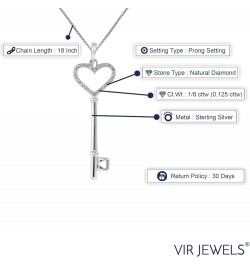 1/8 cttw Diamond Pendant, Diamond Heart and Key Pendant Necklace for Women in .925 Sterling Silver with Rhodium, 18 Inch Chai...