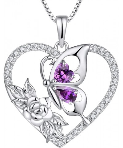 Women's Butterfly Necklace 925 Sterling Silver Flower Rose Pendant Birthstone Halo Jewelry 02-amethyst-Feb $26.00 Necklaces