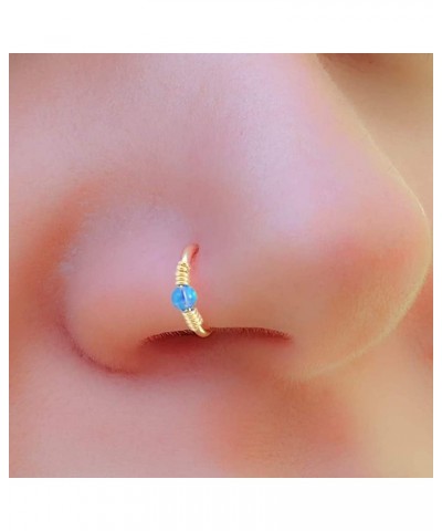 9CT Solid Yellow Gold Opal Stone with Double Spring Coil 22 Gauge (0.6MM) - 5/16 Inch (8MM) Length Hoop Nose Ring Blue $19.83...