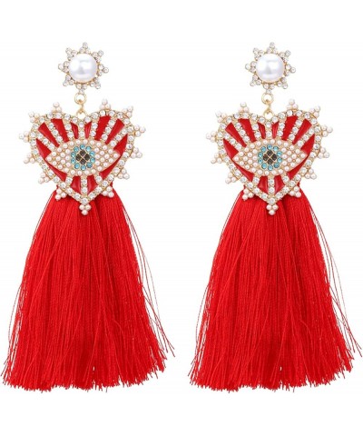 Evil Eye Earrings-Statement Heart Crystal Drop Earrings for Women, Big Dangle Earrings Tassel Red Heart $8.84 Earrings