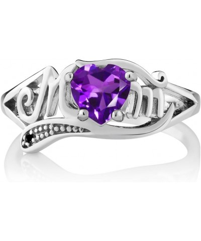 925 Sterling Silver Heart Shape Mothers Day Purple Amethyst and Black Diamond Mom MOM Women Ring (0.41 Cttw, Gemstone Birthst...