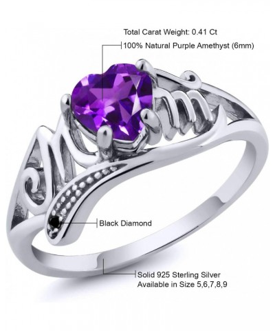 925 Sterling Silver Heart Shape Mothers Day Purple Amethyst and Black Diamond Mom MOM Women Ring (0.41 Cttw, Gemstone Birthst...